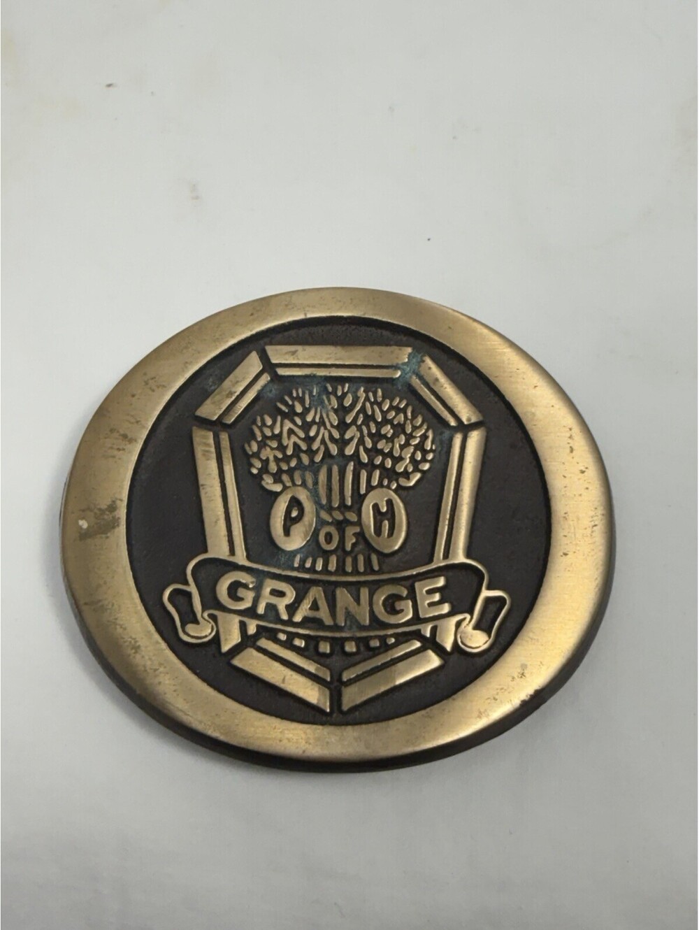 Vintage Solid Bronze P. of H. Grange Patrons of Husbandry Fraternal Belt Buckle
